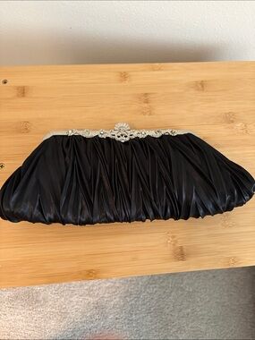 Elegant Black Satin Evening Clutch with Silver Accents
